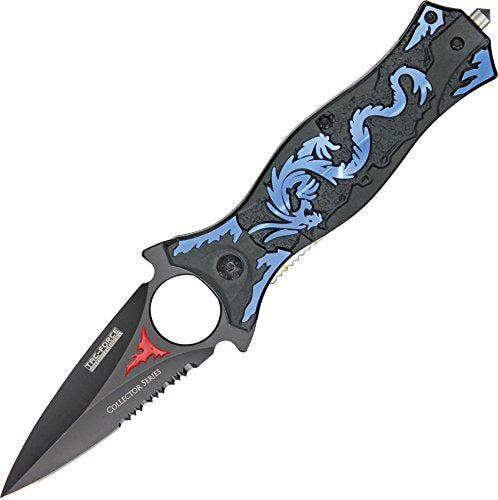 TAC Force TF-707 Series Assisted Opening Folding Knife, Black Half-Serrated Blade, Dragon Handle, 4-1/2-Inch Closed