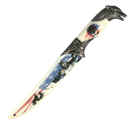 American Flag Wolf Fantasy Dagger Bowie Knife w/ Sheath