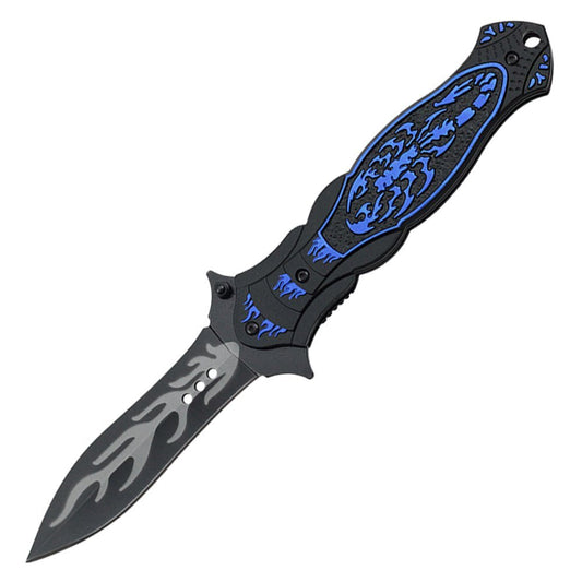 8 inch scorpion spring assisted pocket knife with flames on blade with belt clip (blue) YC-S-9012-BL