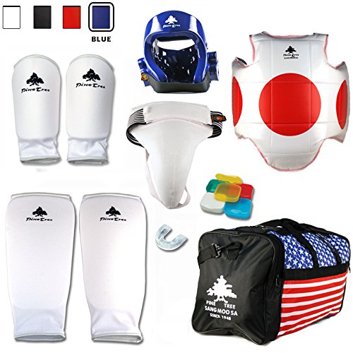 Pine Tree Complete Cloth Martial Arts Sparring Gear Set with Bag, Forearm/Shin, & Groin, Medium Blue Headgear, Child Large Other Gears Male
