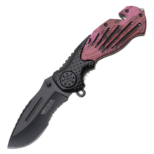 Ace Martial Arts 8.5" Assisted Rescue Knife Half Serrated (Pink Camo)