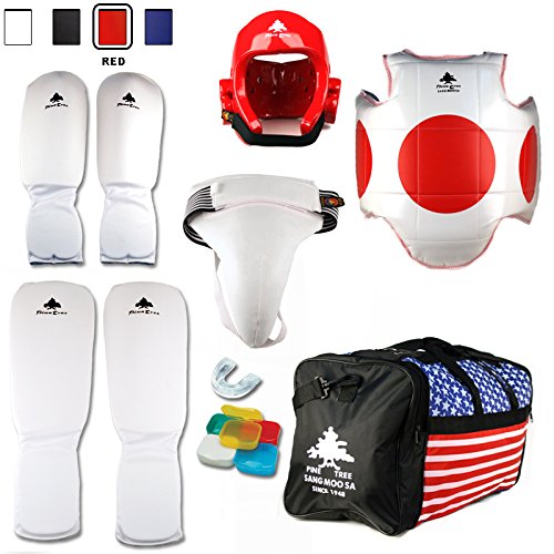 Pine Tree Complete Cloth Martial Arts Sparring Gear Set with Bag & Groin, Large Red Headgear, X-Large Other Gears Male