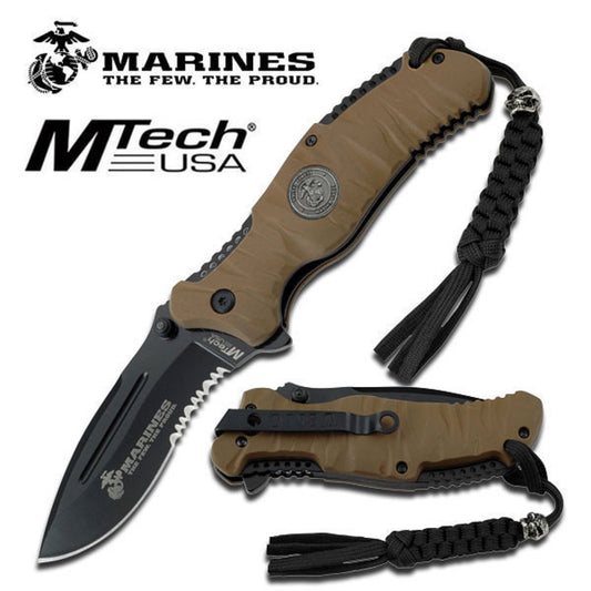 USMC ELITE MARINE CORPS "REAPER" TACTICAL FOLDING KNIFE - TAN / BLACK BLADE